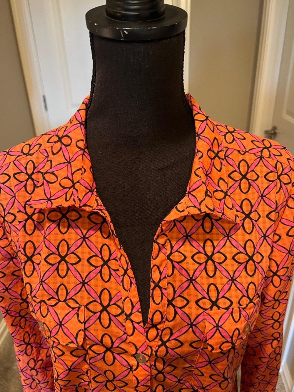 Kim Rogers Bright Orange Floral-Print Button Down Shirt with Pink Accents - Picture 5 of 11